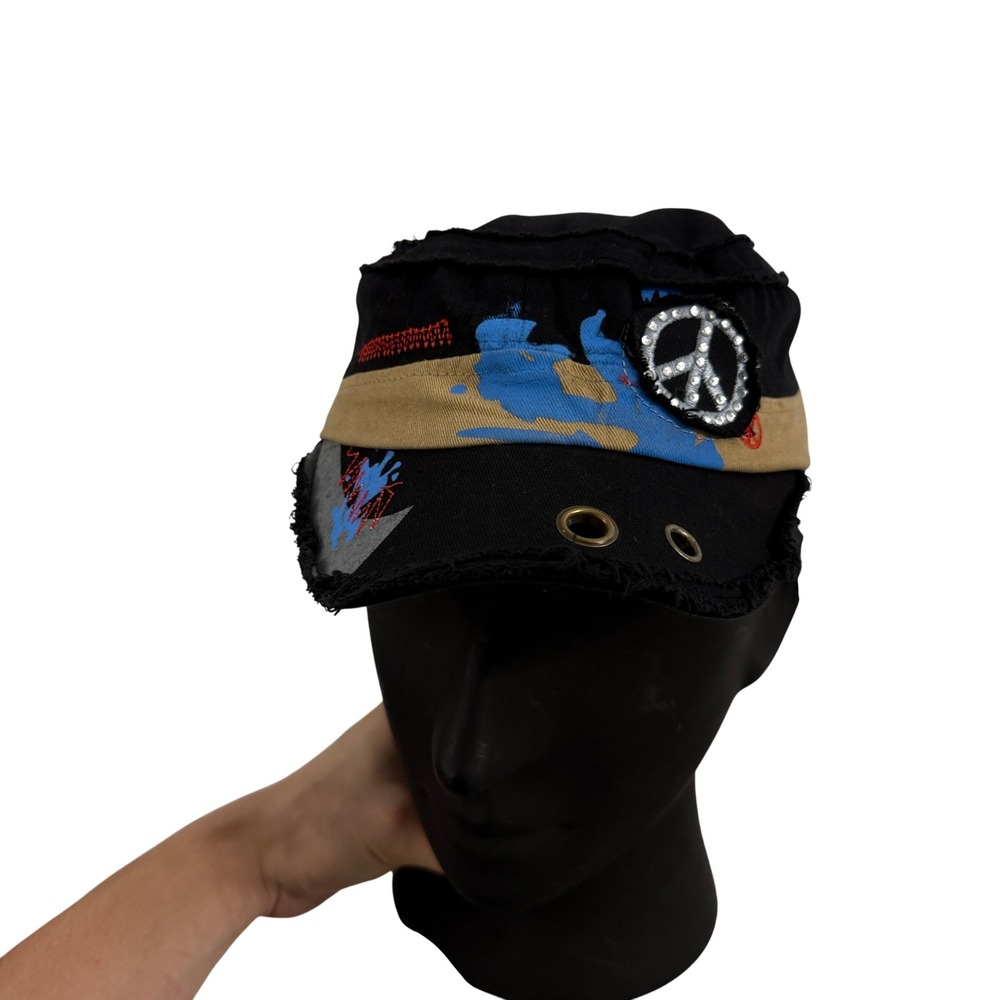 Cadet Cap Unisex One Size Black Distressed Peace Sign Rhinestone Hat